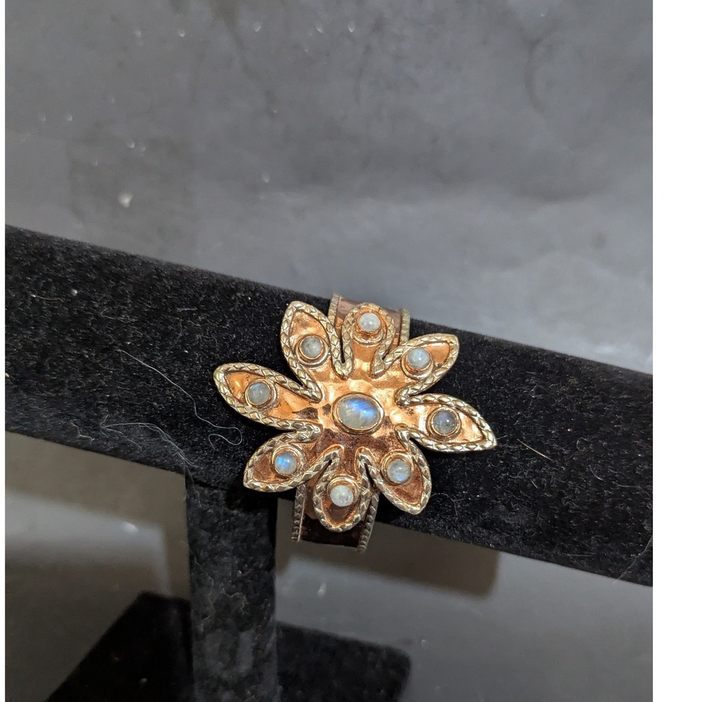 Copper Flower Cuff Bracelet Moonstone Accents Hammered Bohemian Artisan Jewelry